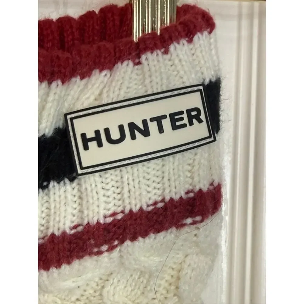 Hunter Womens Cable Knit Slipper Socks Cream Red Black Striped Grippers